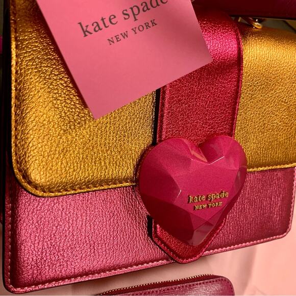 Kate Spade Bijou Pink Heart Metallic Colorblocked MiniTop-Handle Bag Wallet Set - Picture 4 of 15